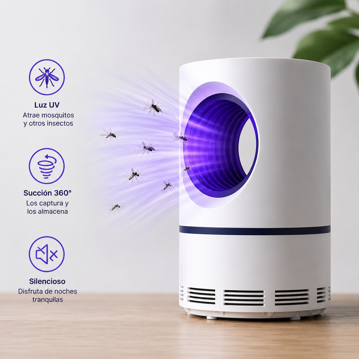 Lámpara Antimosquitos UV 360° – Eliminador de Mosquitos Silencioso con Carga USB